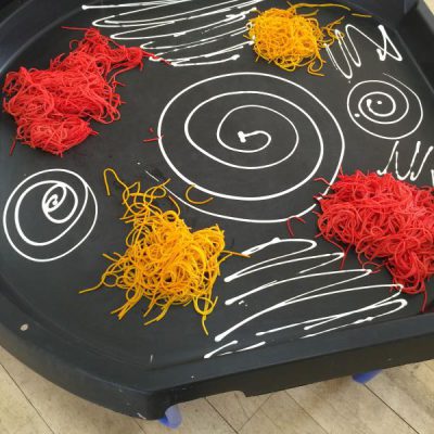 Fine Motor Skills - Shaving foam and coloured spaghetti
