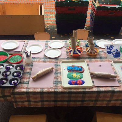 Different types of painting activities using recycling material from home